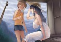 雨宿りしてる黒髪白ワンピース麦わら帽子お姉さん